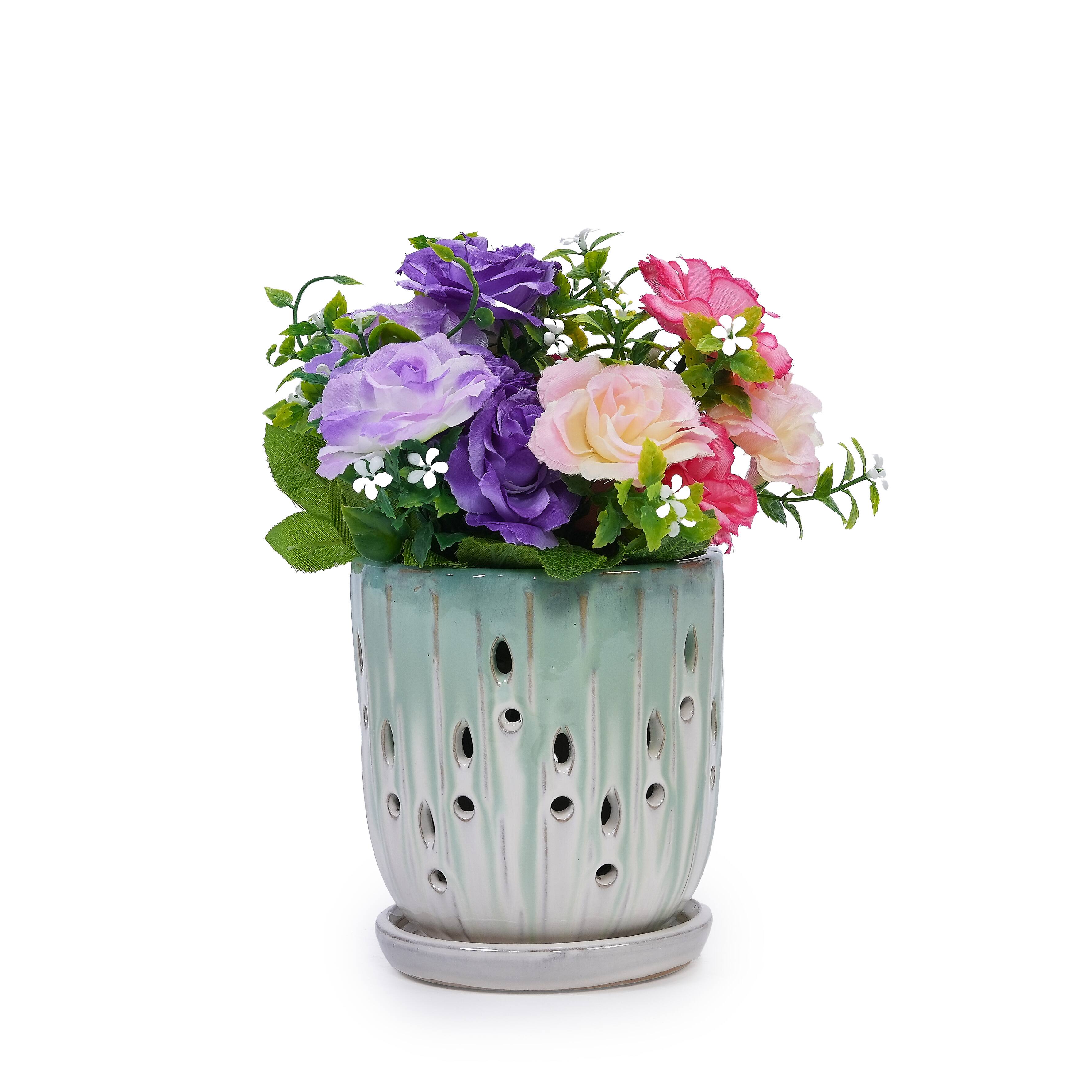 Back. Loheer - Ceramic Planter Set Loheer Handmade Green White Pots with Drainage Saucers for Orchids Succulents Indoor Outdoor.