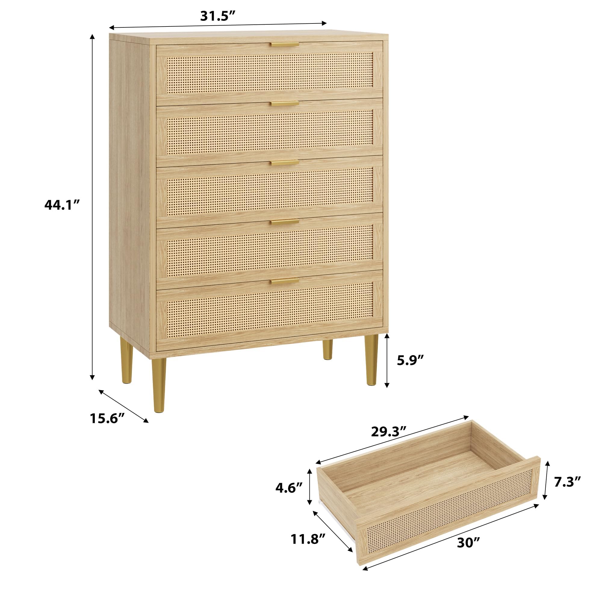 31.5" (height)  
44.1" (width)  
15.6" (depth)  
5.9" (drawer height)  
29.3" (tray length)  
4.6" (tray depth)  
7.3" (tray width)  
11.8" (tray height)  
30" (tray length)