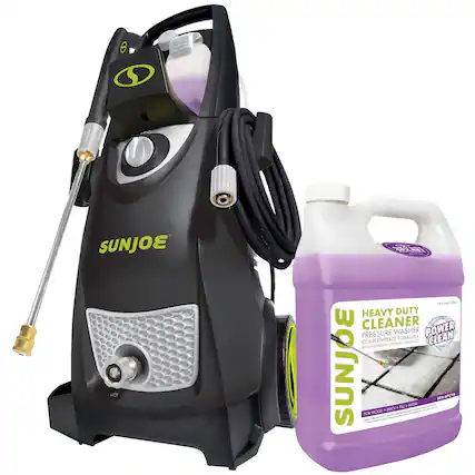 Sure, here is the corrected and grouped text from the image:
---
**SUNJOE**
**HEAVY DUTY CLEANER**
**PRESSURE WASHER CONCENTRATE FORMULA**
**FOR WOOD - BRICK - TILE - METAL**
**POWER CLEAN**
**BIODEGRADABLE CLEANER - DÉTERGENT**
**SP-APCTO**
**1 GAL (3.785 L)**
---
**SUNJOE**