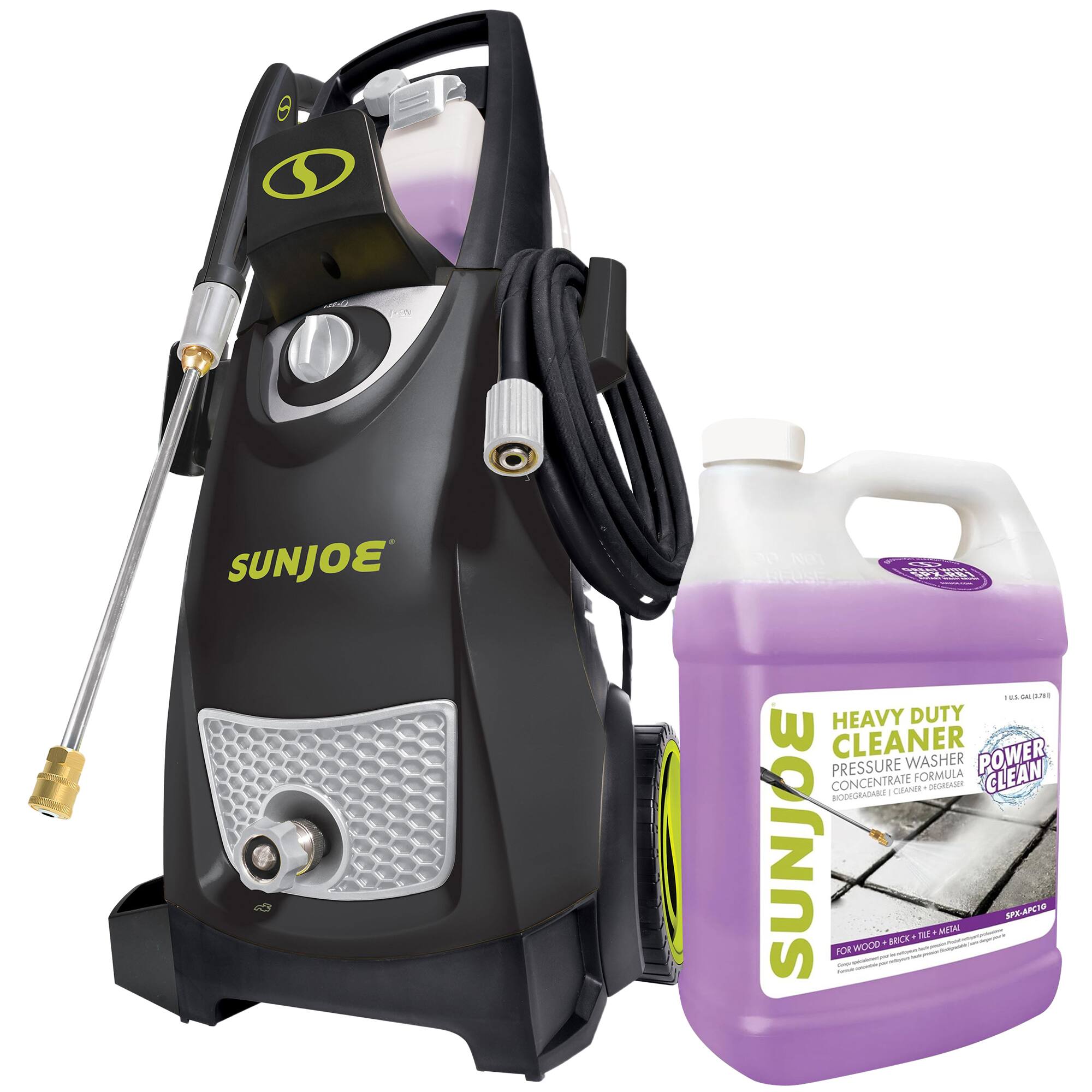 Sure, here is the corrected and grouped text from the image:

---

**SUNJOE**

**HEAVY DUTY CLEANER**  
**PRESSURE WASHER CONCENTRATE FORMULA**  
**FOR WOOD - BRICK - TILE - METAL**  
**POWER CLEAN**  
**BIODEGRADABLE CLEANER - DÉTERGENT**  
**SP-APCTO**  
**1 GAL (3.785 L)**

---

**SUNJOE**
