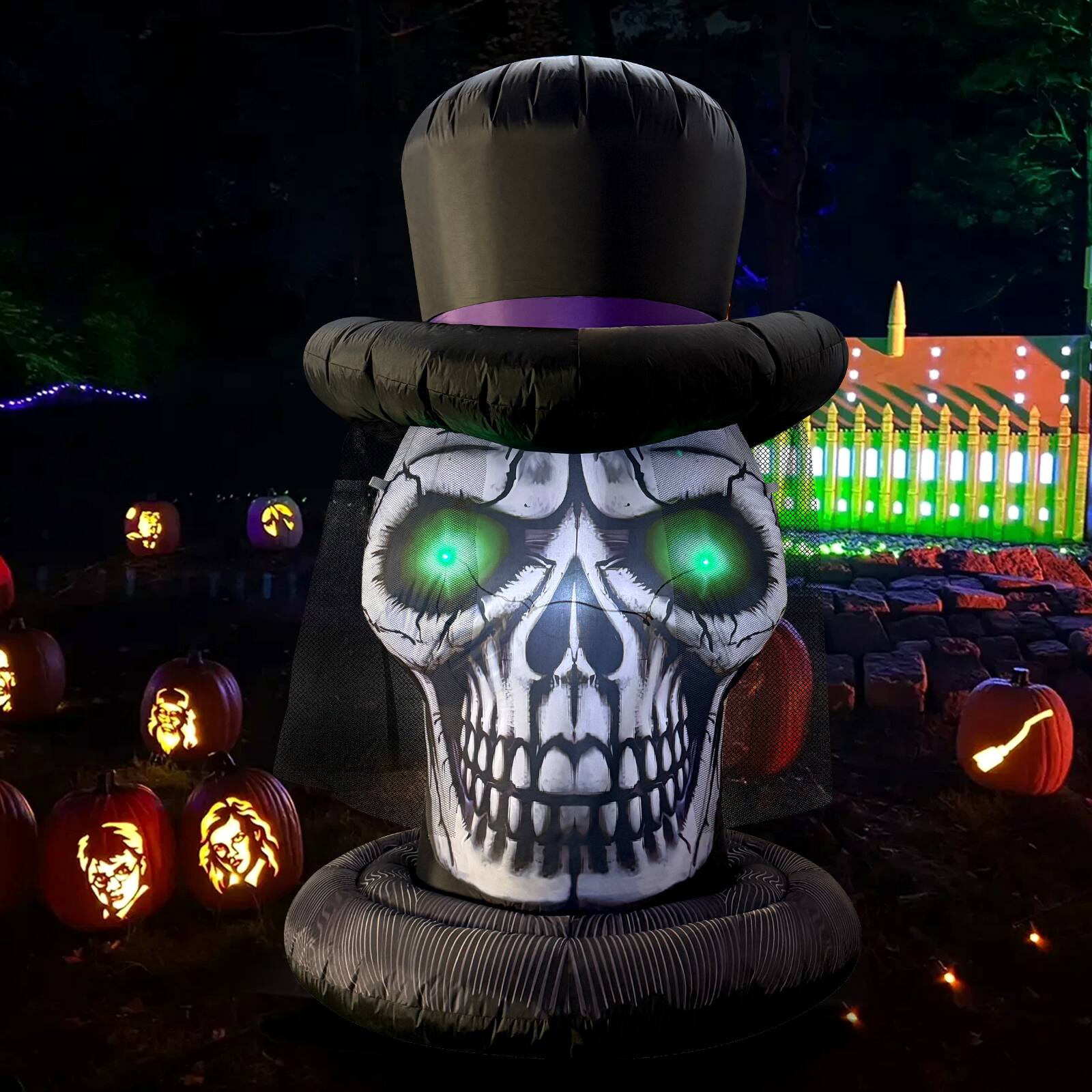 Angle. GOOSH Inflatables - GOOSH 6FT Inflatable Skull with Top Hat – Light-Up Halloween Yard Decoration - Black.