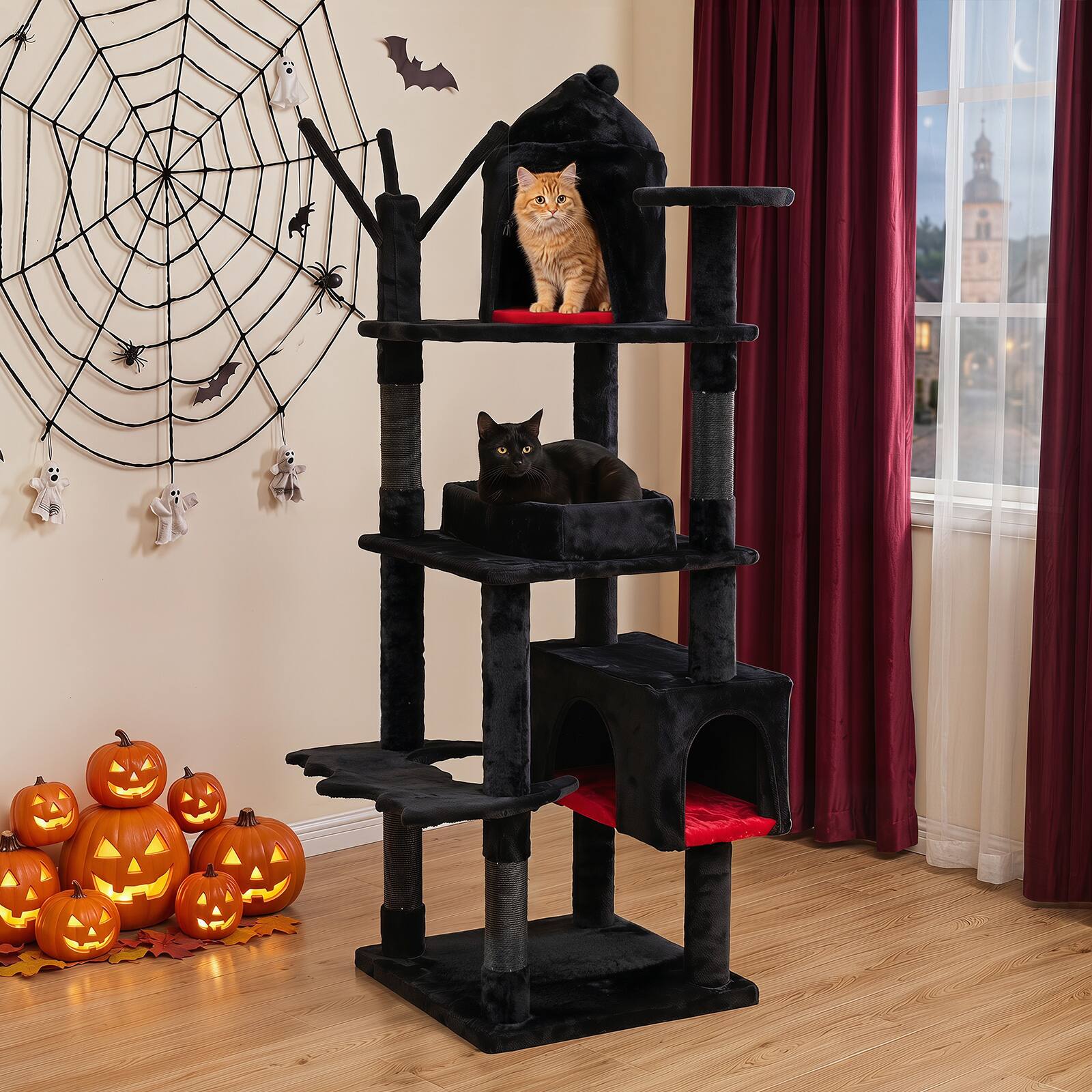 Alt View 1. Gymax - Gymax Gothic Cat Tree 70'' Cat Tower w Castle House Coffin Bed Spider Hanging Balls Black & Red - Black.