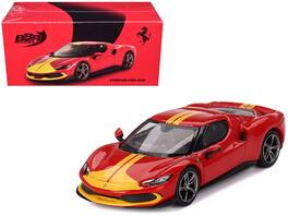 Ferrari 296 GTB Assetto Fiorano Rosso Corsa Red with Yellow Stripes 1/64 Diecast Model Car by BBR - Red and Yellow
