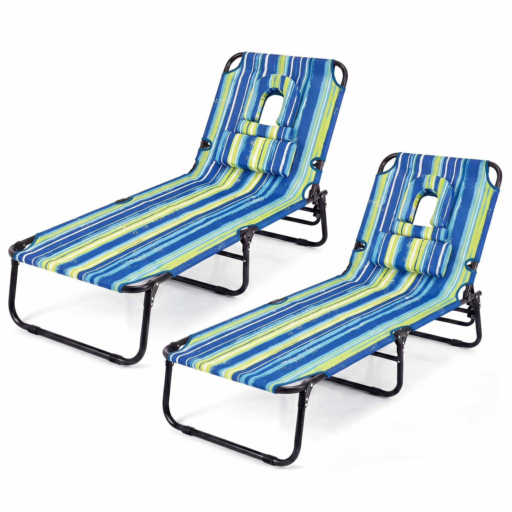 Alt View 1. Gymax - Gymax 2PCS Folding Beach Sun Lounger w/Face Hole Removable Pillows 4-Position Backrest Blue Stripe - Green.
