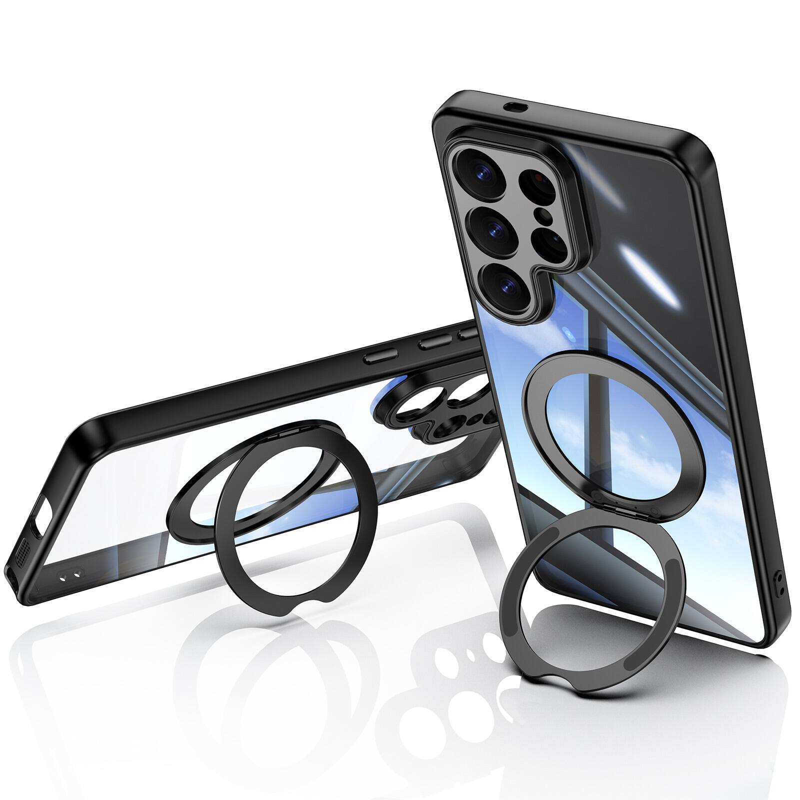 Back. Dteck - Magnetic Clear Case For Samsung Galaxy S26 Ultra, Shockproof Anti-Scratch 360° Ring Holder Stand PC+TPU Protection Cover - Black.