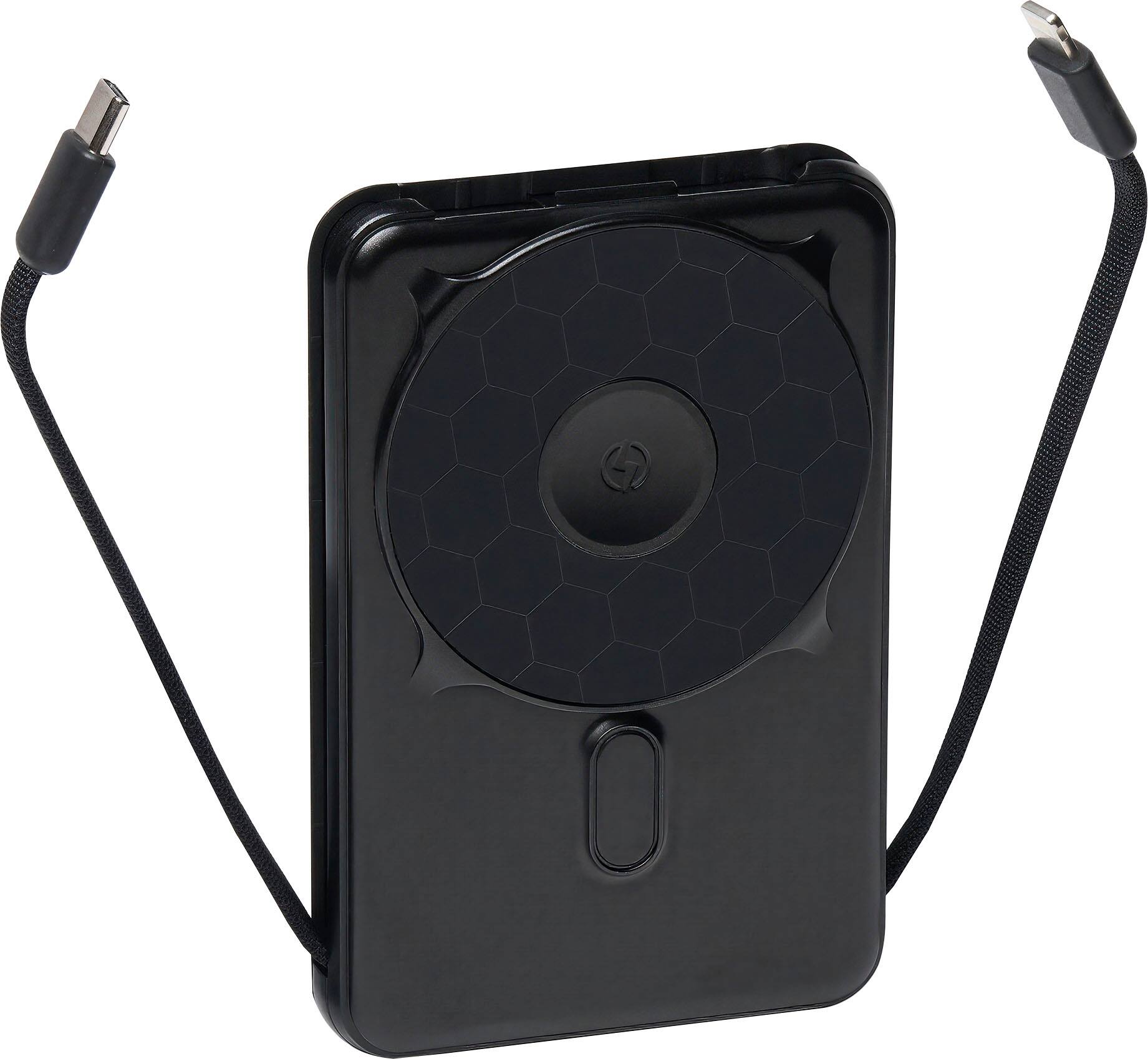 Left. The Ridge Wallet - MAGSAFE POWER BANK 10,000mAh 20w 5-in-1 with integrated lightning and USB-C cables, Apple Watch charging, and Kickstand - Black.