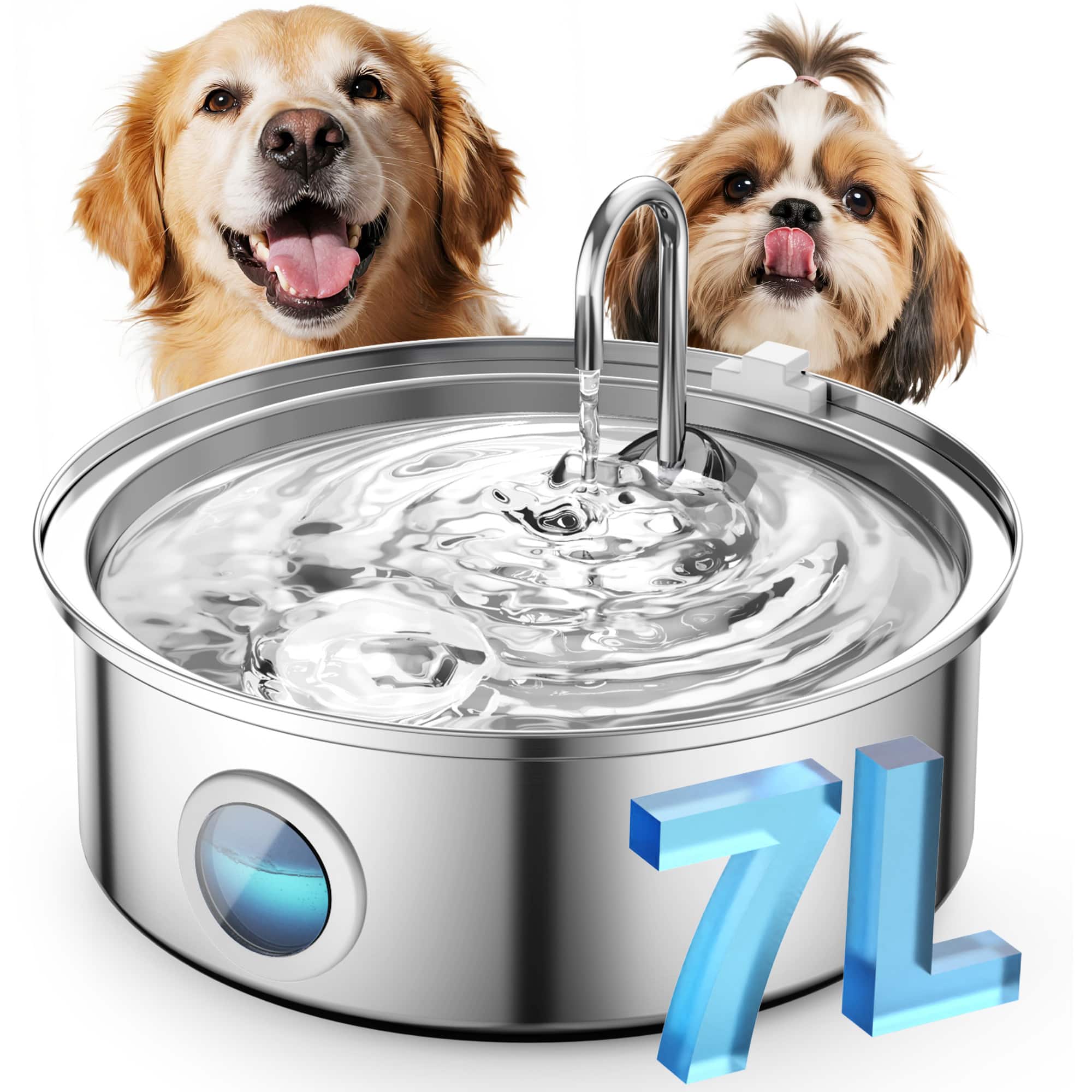 Oneisall - 7L/230oz Dog Water Fountain 5 Stage Filtration System with Visible Water Level with 3 Filter - Stainless Steel