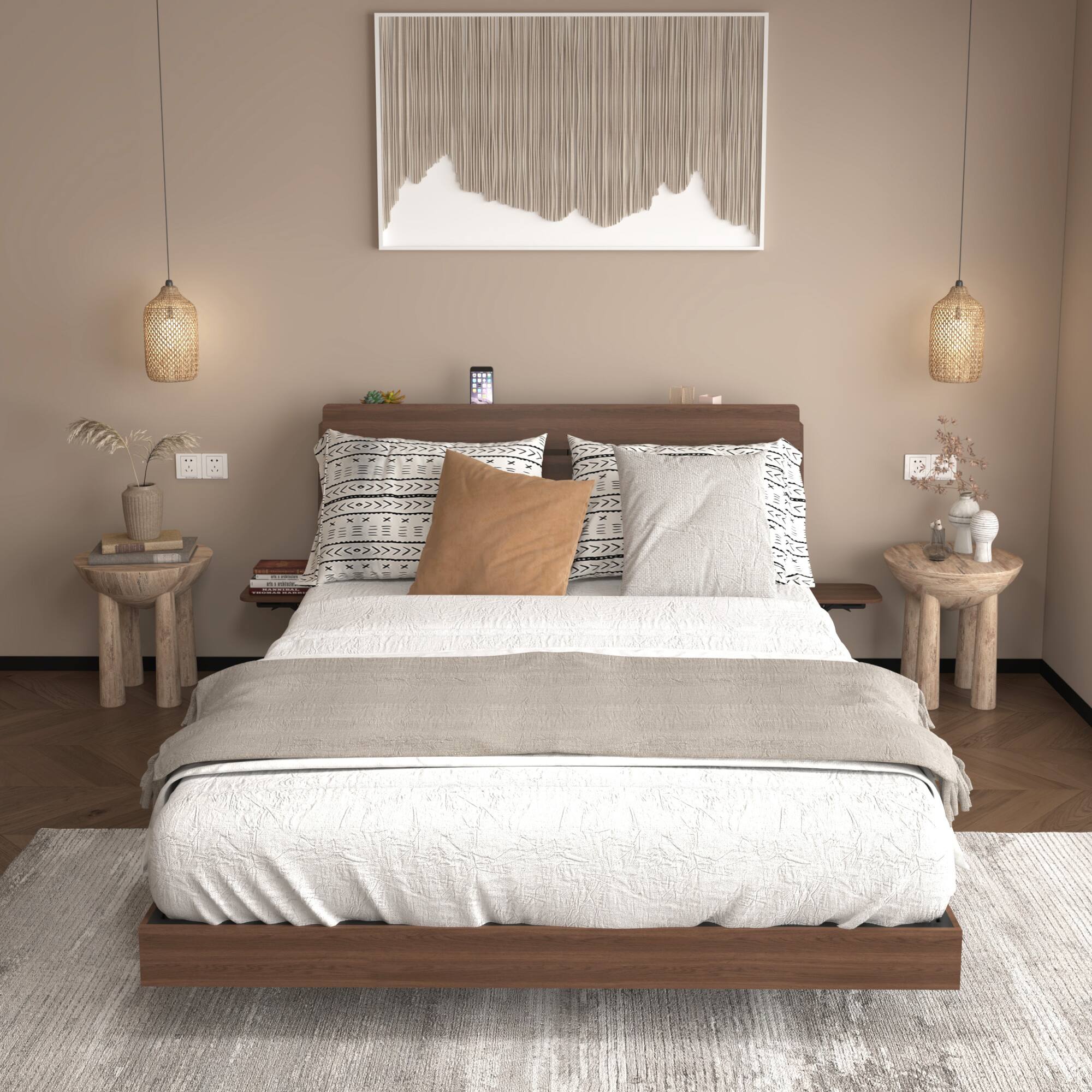 Alt View 1. GOODSILO - Queen Size Floating Bed Frame with LED Lights and Storage Headboard, Includes Charging Station and Easy Assembly Design - Walnut.