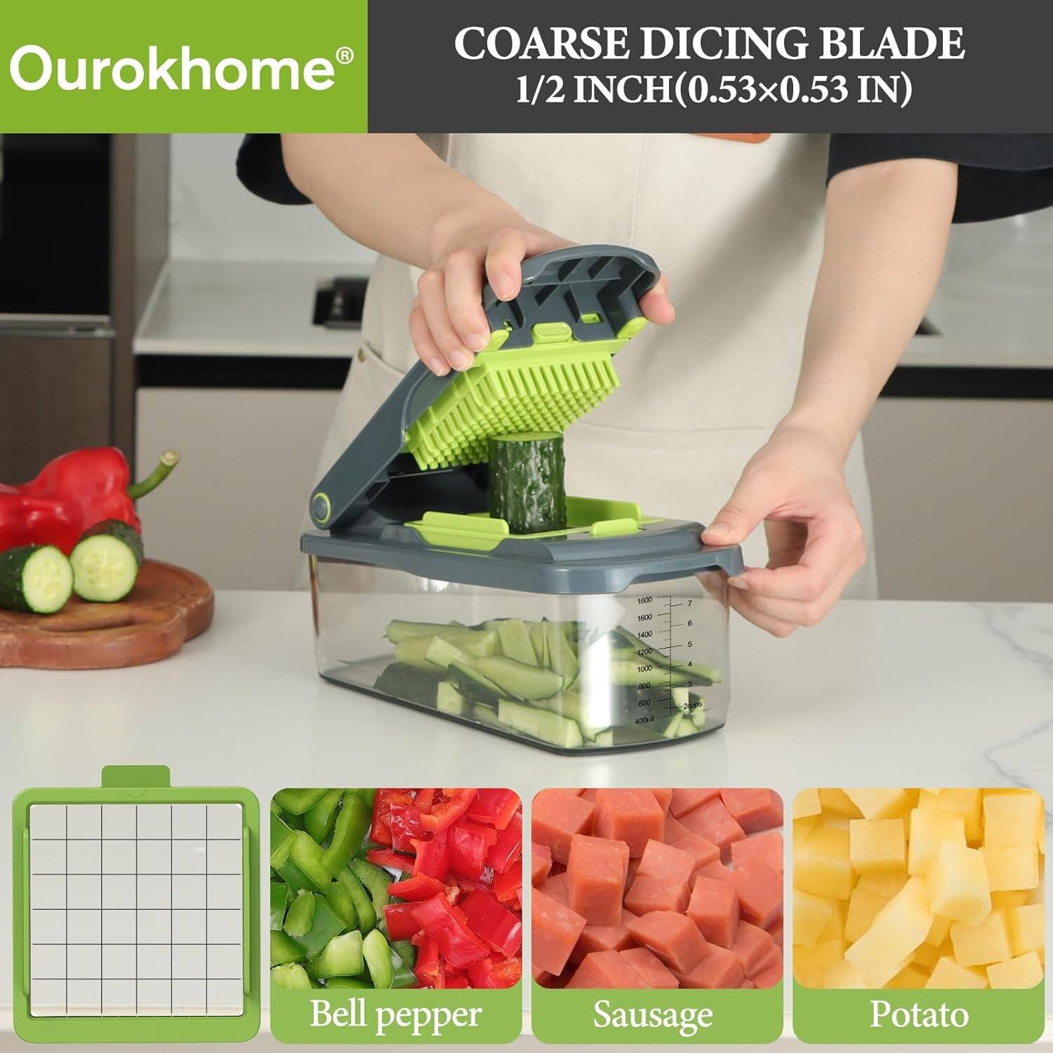 Ourokhome, COARSE DICING BLADE 1/2 INCH(0.53x0.53 IN), Bell pepper, Sausage, Potato
