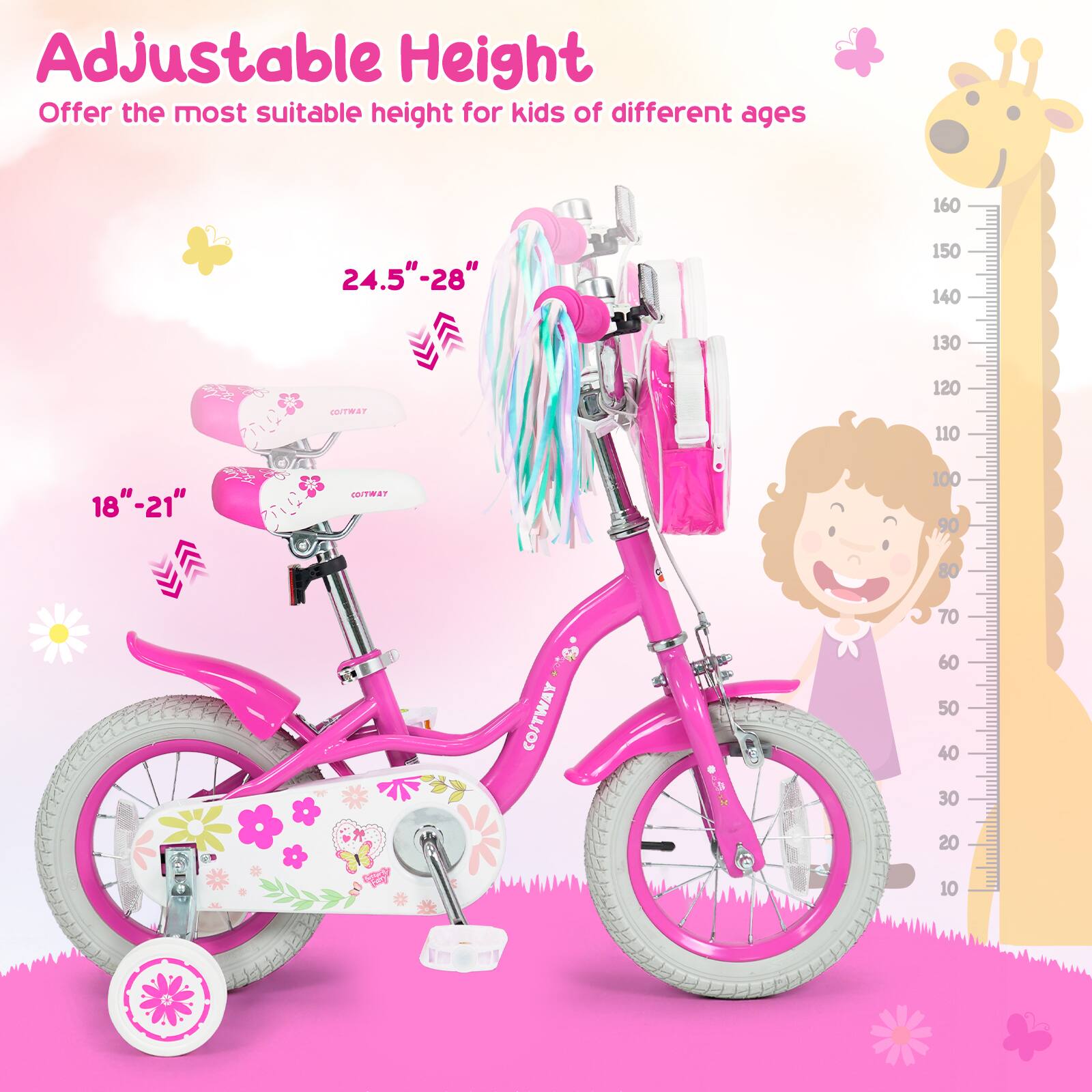 Adjustable Height  
Offer the most suitable height for kids of different ages  

160 24.5"-28"  
150 140 130  
120 110 18"-21"  
100 90 80 70  
60 50 40 30 20 10