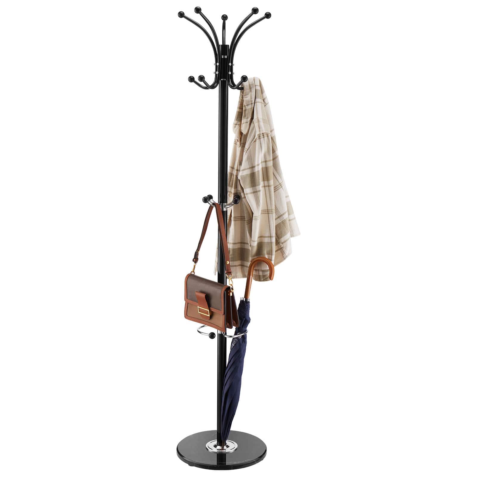 VEVOR - Freestanding Coat Rack, Metal Coats Rack Stand with Umbrella Holder, Stable Marble Base & 14 Hooks, Hall Coat Tree - Black