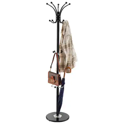 Front. VEVOR - Freestanding Coat Rack, Metal Coats Rack Stand with Umbrella Holder, Stable Marble Base & 14 Hooks, Hall Coat Tree - Black.
