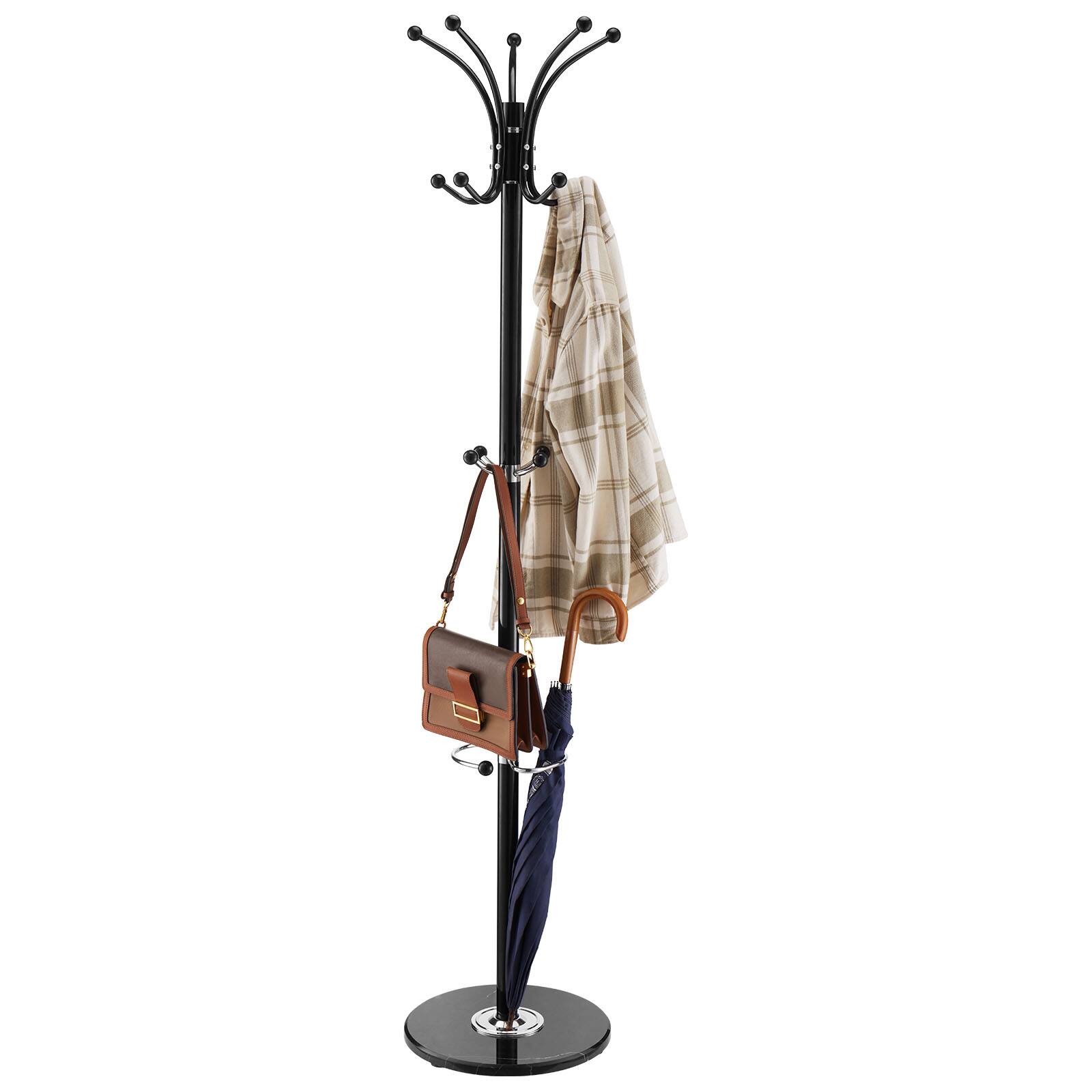 VEVOR - Freestanding Coat Rack, Metal Coats Rack Stand with Umbrella Holder, Stable Marble Base & 14 Hooks, Hall Coat Tree - Black