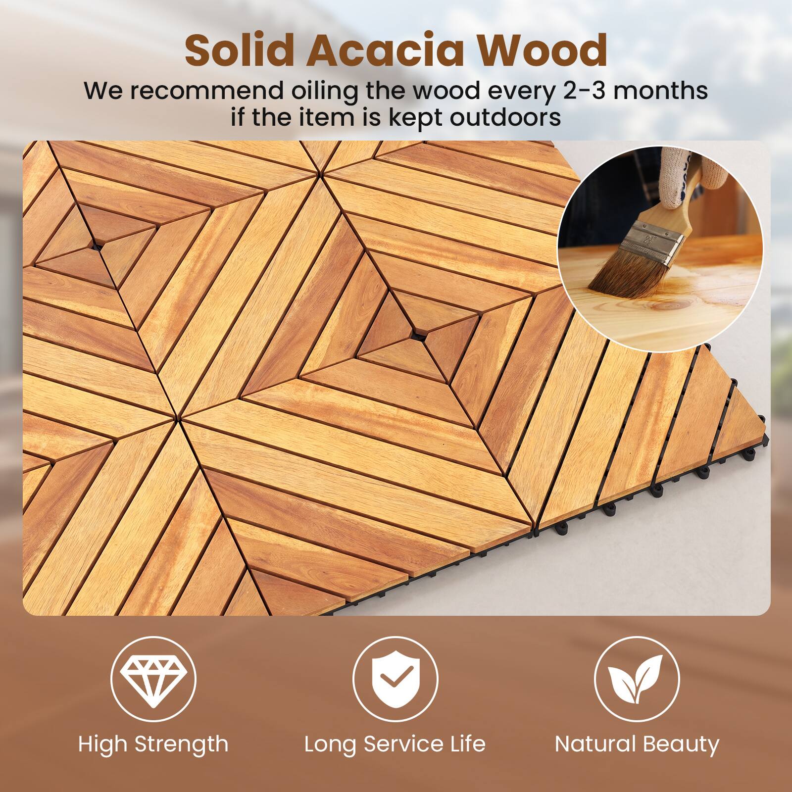 Solid Acacia Wood

We recommend oiling the wood every 2-3 months if the item is kept outdoors

High Strength
Long Service Life
Natural Beauty