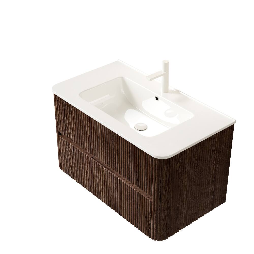 Back. Loheer - Loheer 36 inch bathroom vanity with sink, wall mounted floating vanity, retro walnut woodgrain finish - White + Deep Walnut.