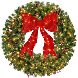 Best Choice Products - Pre-Lit Artificial Christmas Wreath w/Berries & Pinecones, Red Bow, Lights - Green Spruce - Decorated