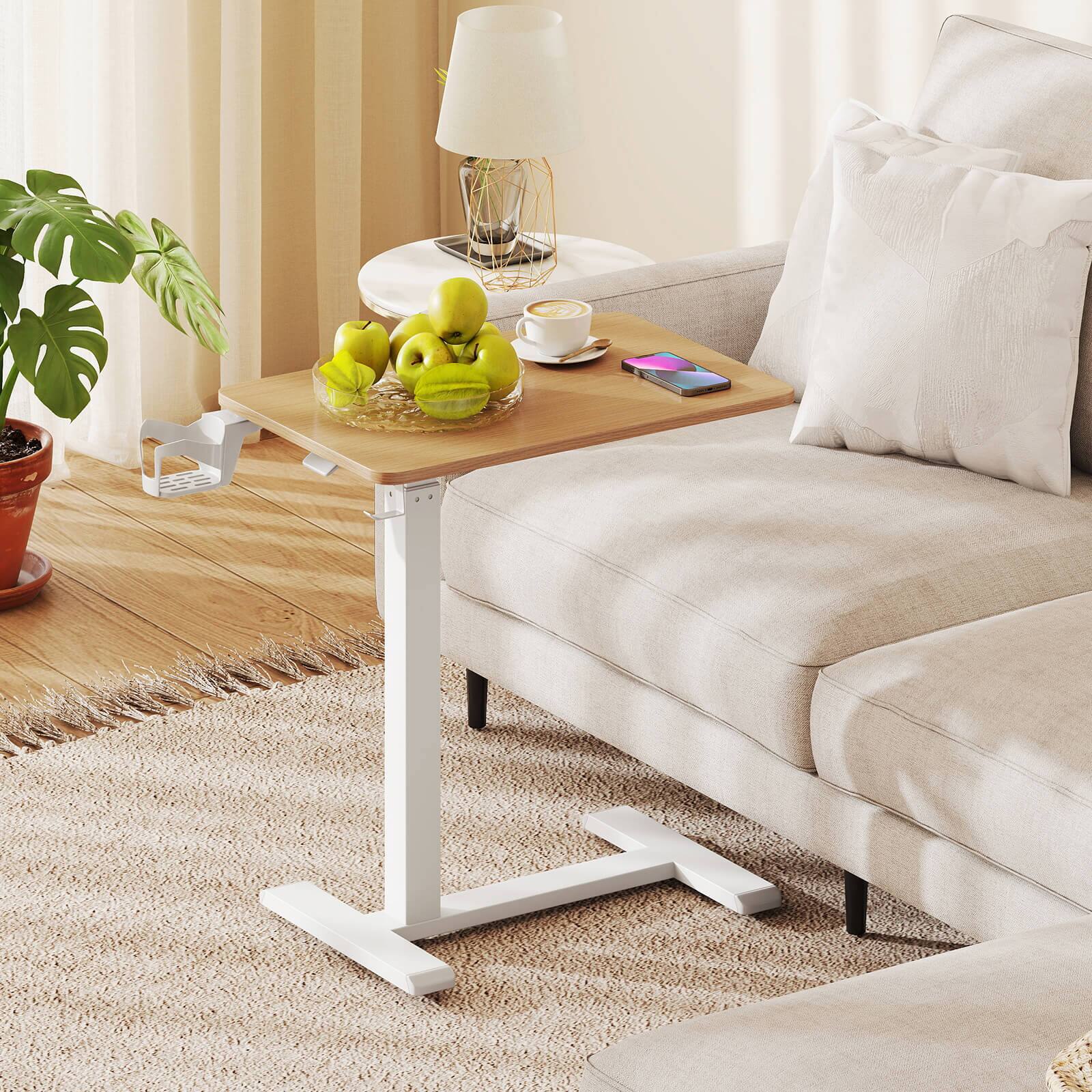 Alt View 3. Costway - Costway C Shaped Side Table Height Adjustable Overbed Bedside Table with Hook & Cup Holder - Natural.