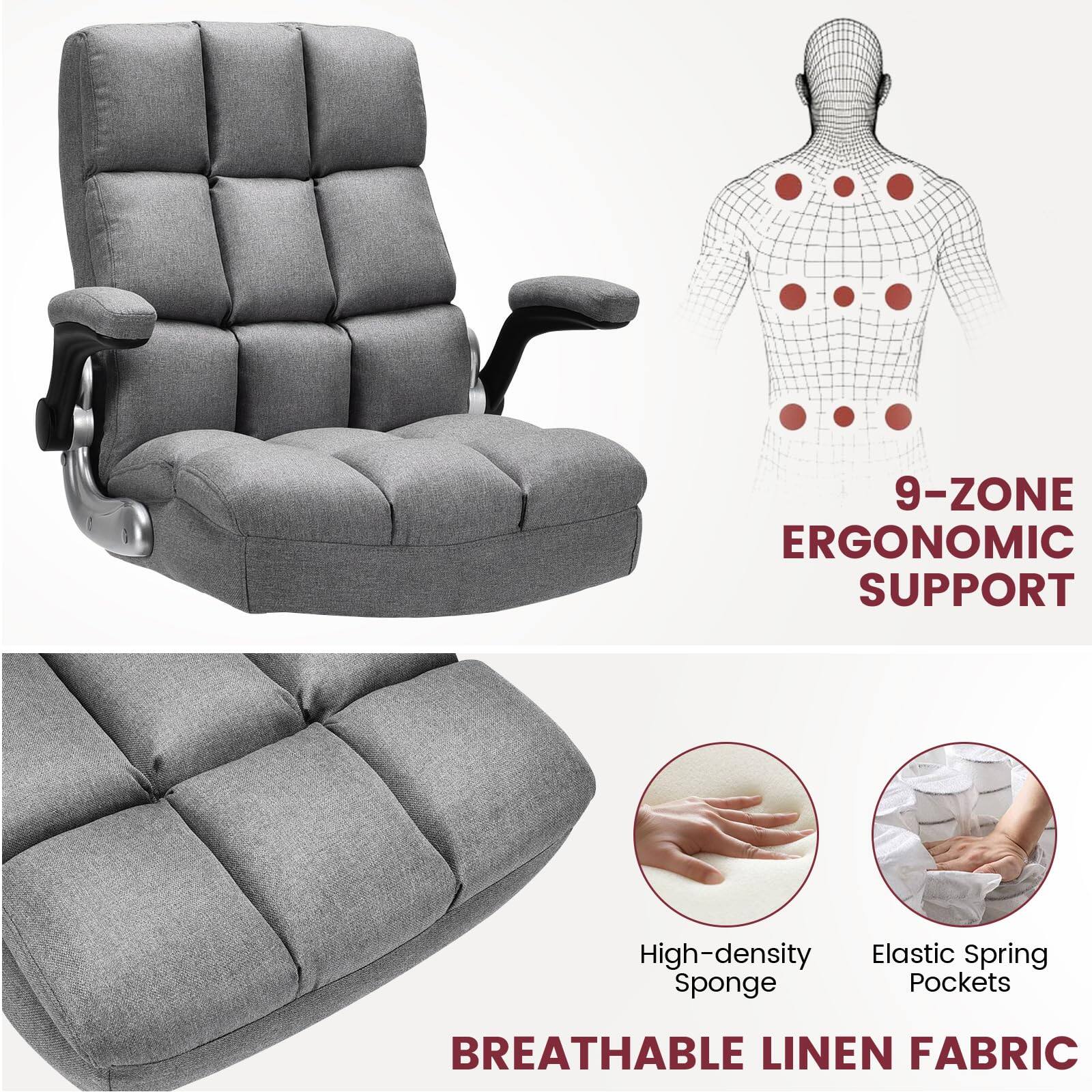 The image features a chair with a 9-zone ergonomic support, which includes high-density elastic spring sponge pockets for added comfort. The chair is made of breathable linen fabric, making it a comfortable and durable option for users.