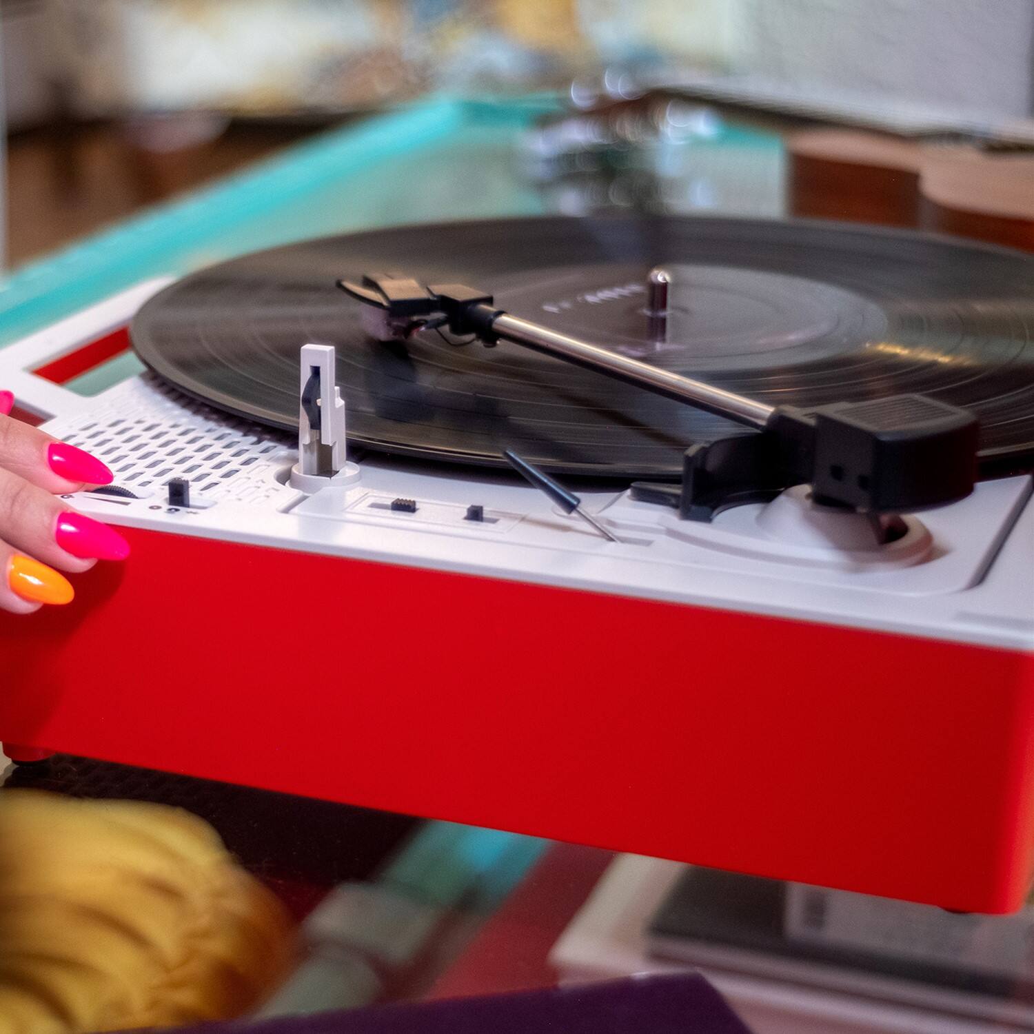 Alt View 21. Victrola - Re-Spin Sustainable Bluetooth Suitcase Record Player - Poinsettia Red.