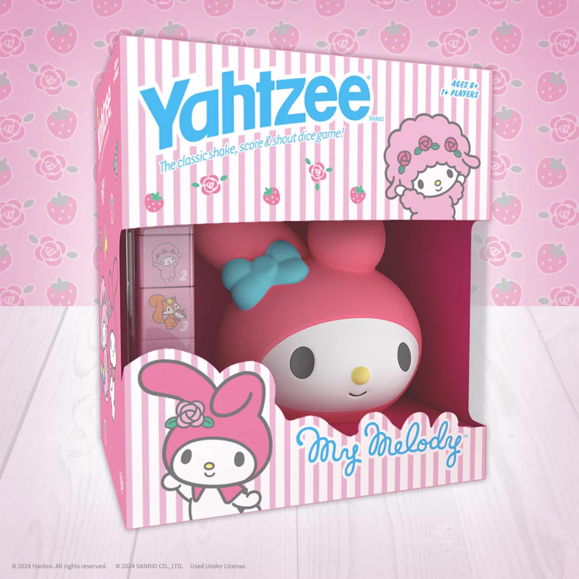 AGES 8+ 1+ PLAYERS  
Yahtzee shake, score & shout dice game!  
BRAND The classic My Melody  
© 2024 Hasbro. All rights reserved.  
© 2024 SANRIO CO., LTD. Used Under License.
