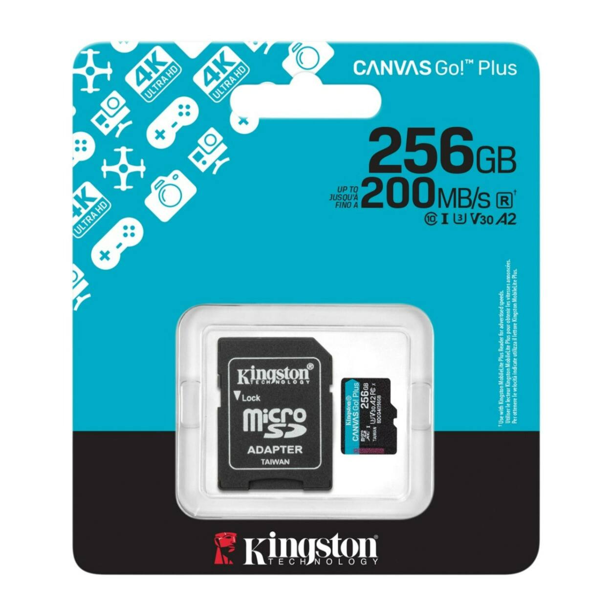 CANVAS Go!™ Plus  
256 GB  
UP TO 200 MB/s  
4K ULTRA HD  
UHS-I V30 A2  
Kingston Technology  
MicroSD Adapter Included  
Kingston  
TAIWAN