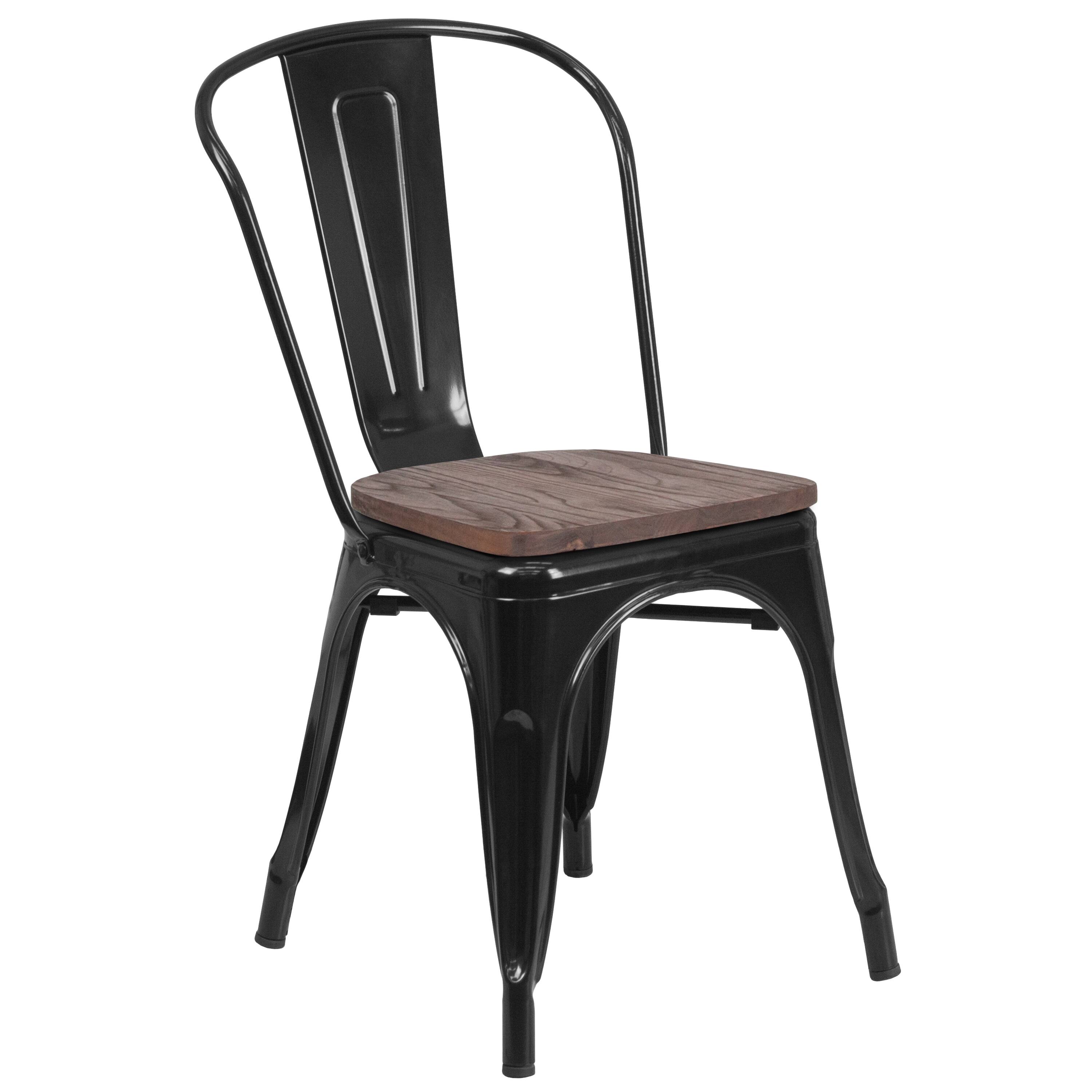 Alt View 1. Emma + Oliver - Colorful Metal Stackable Dining Chair with Wood Seat - Black.