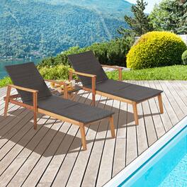 Gymax - 3PCS Outdoor Chaise Lounge Set Patio Yard w/ Side Table Adjustable Backrest - Mix Brown