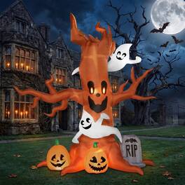 Joyfy - 8FT Scary Tree Inflatable Halloween – Ghost, Pumpkin & Tombstone with Built-in LEDs for Yard, Garden & Lawn Displays - Brown
