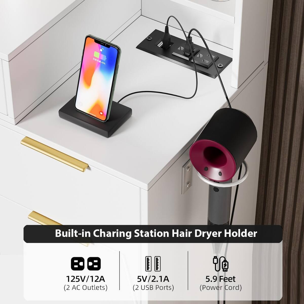 40%,
Built-in Charging Station Hair Dryer Holder
125V/12A (2 AC Outlets)
5V/2.1A (2 USB Ports)
5.9 Feet (Power Cord)