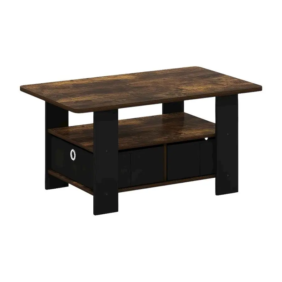 FurniFact Amber Pine Black Coffee Table with Bin Drawer and Durable ...
