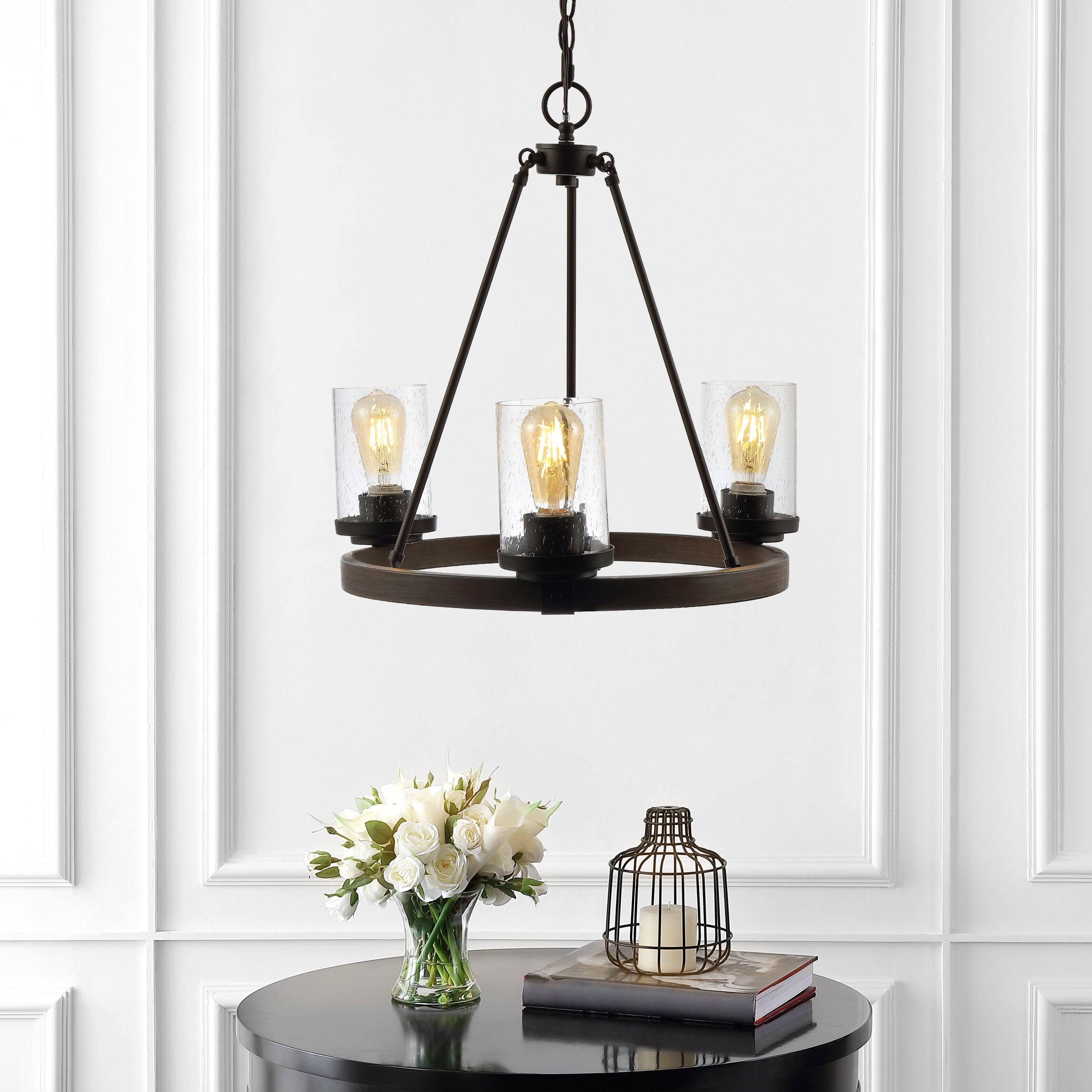 Alt View 7. Jonathan Y - Coronet 20" 3-Light Iron/Seeded Glass Rustic Farmhouse LED Chandelier, Oil Rubbed Bronze - Oil Rubbed Bronze.