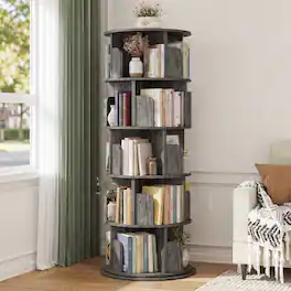 Aheaplus - 5-Tier Rotating Bookshelf, 360° Spinning Bookcase for Home and Office - Black Oak