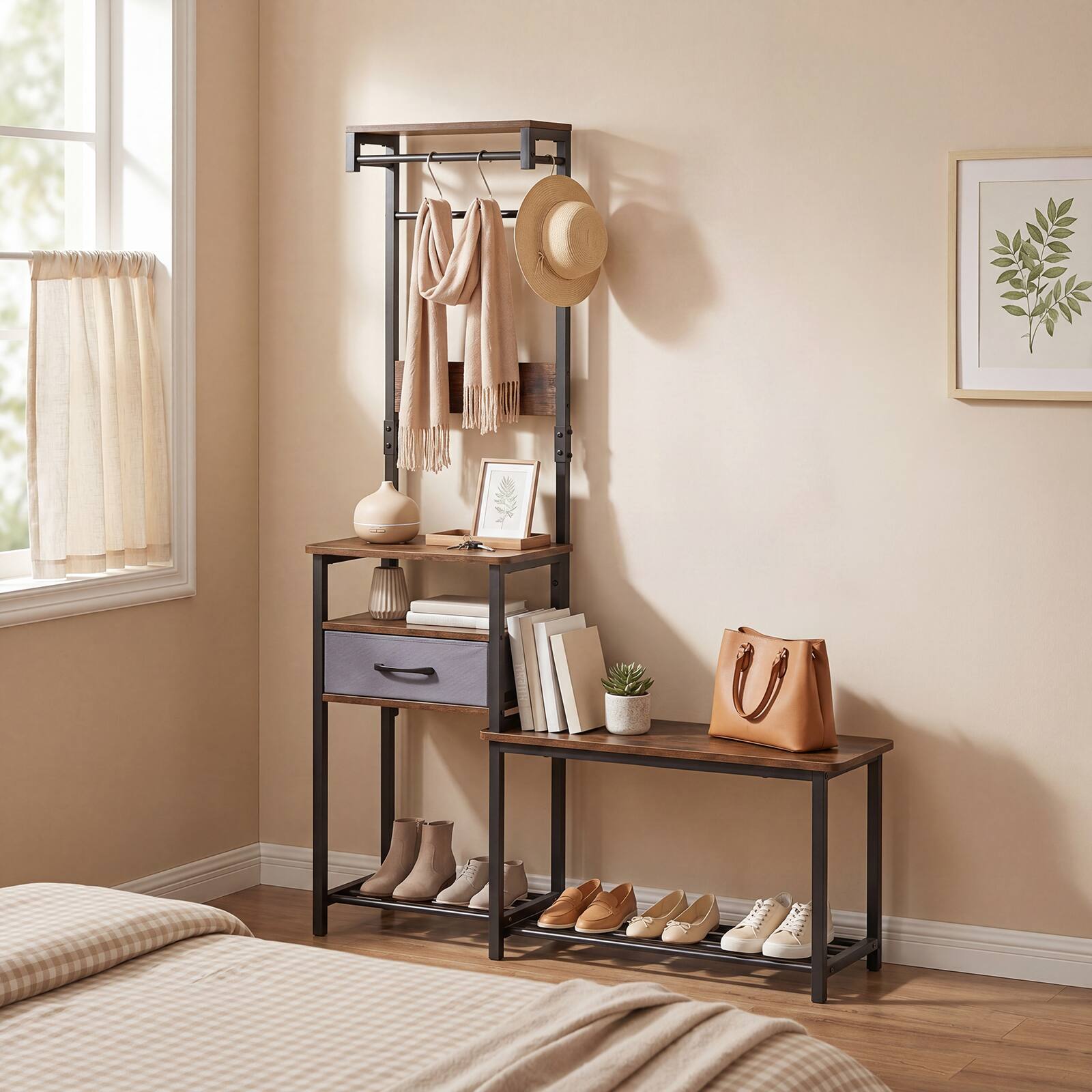 Alt View 3. Costway - Costway 7-in-1 Hall Tree with Shoe Bench, Freestanding Coat Rack with Hooks, Shoe Rack - Rustic Brown + Black.