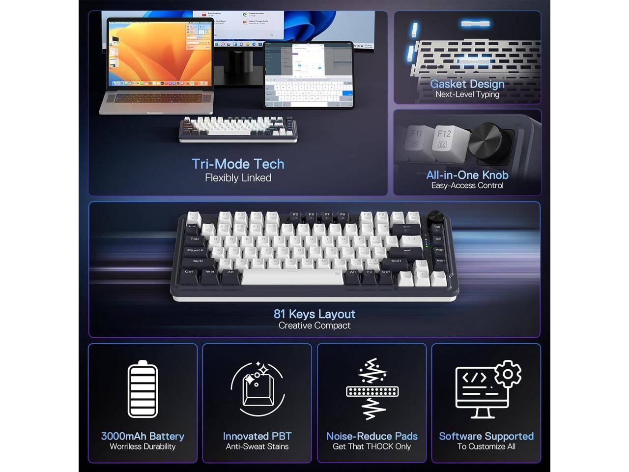 Gasket Design Next-Level Typing

F11
F12 M

Tri-Mode Tech Flexibly Linked

All-in-One Knob Easy-Access Control

Tab
CapsLk

81 Keys Layout Creative Compact

3000mAh Battery Worryless Durability

Innovated PBT Anti-Sweat Stains

Noise-Reduce Pads Get That THOCK Only

Software Supported To Customize All