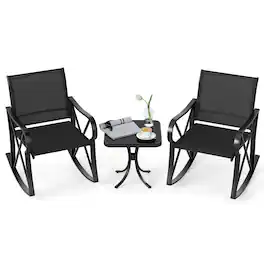 Gymax - 3 Piece Patio Rocking Set 2 Rocking Chairs w/ Tempered Glass Side Table - Black