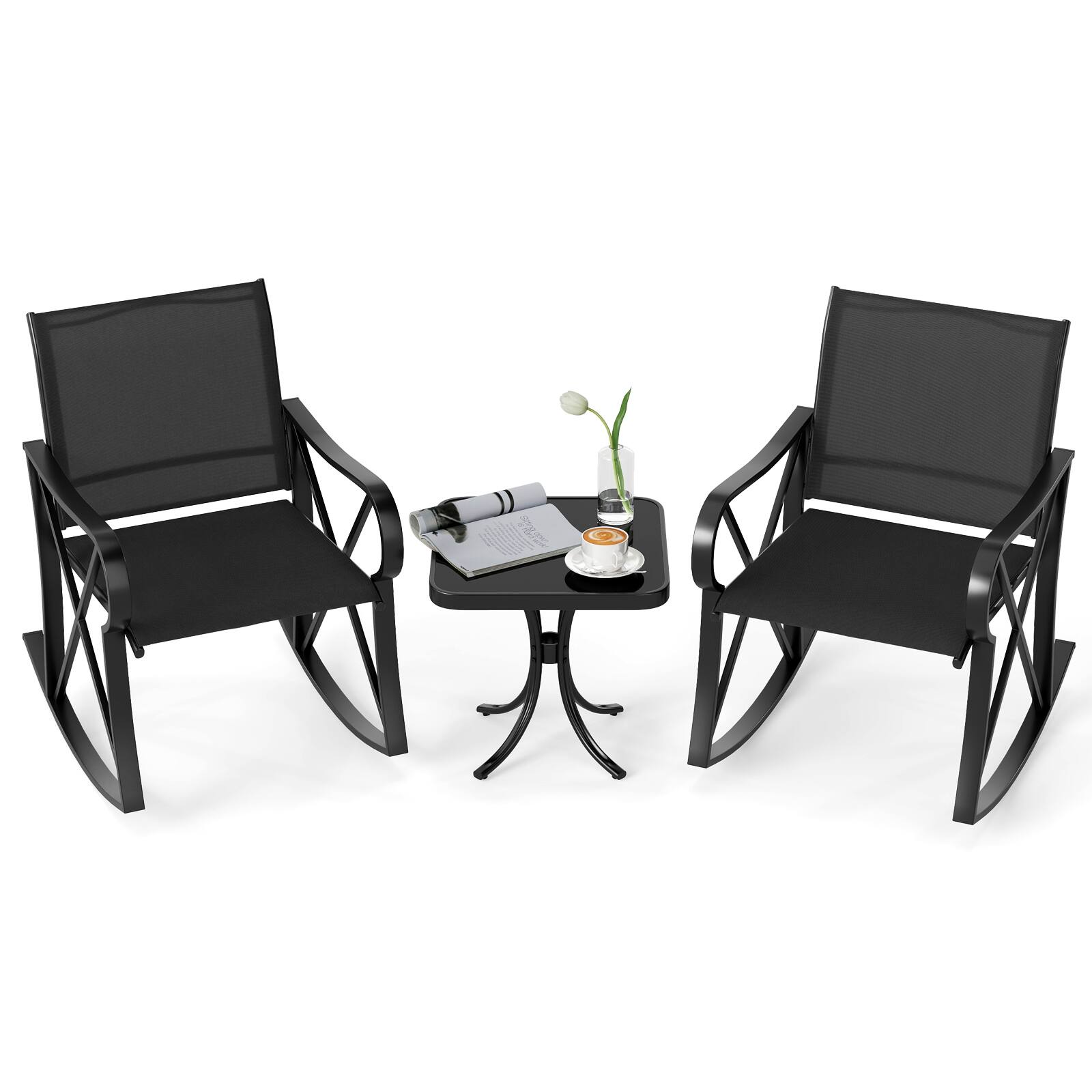 Front. Gymax - Gymax 3 Piece Patio Rocking Set 2 Rocking Chairs w/ Tempered Glass Side Table Black - Black.