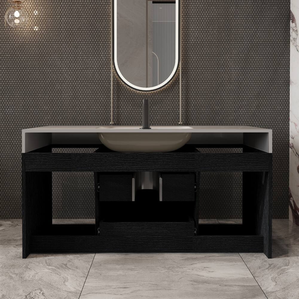 Alt View 3. Loheer - Loheer 39.4 inch floating bathroom vanity Black Wall Mounted Vanity with Sintered Stone Top Ceramic Sink - Black, Gray.