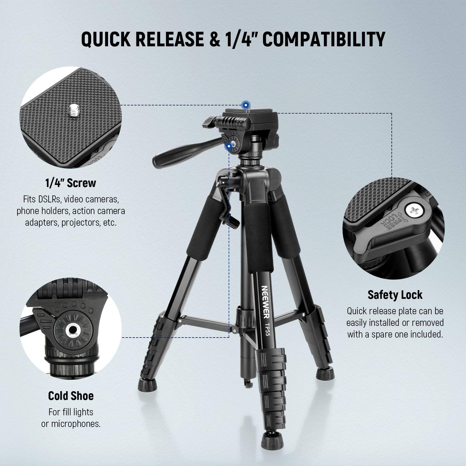 QUICK RELEASE & 1/4" COMPATIBILITY

1/4" Screw
Fits DSLRs, video cameras, phone holders, action camera adapters, projectors, etc.

Safety Lock
Quick release plate can be easily installed or removed with a spare one included.

Cold Shoe
For fill lights or microphones.