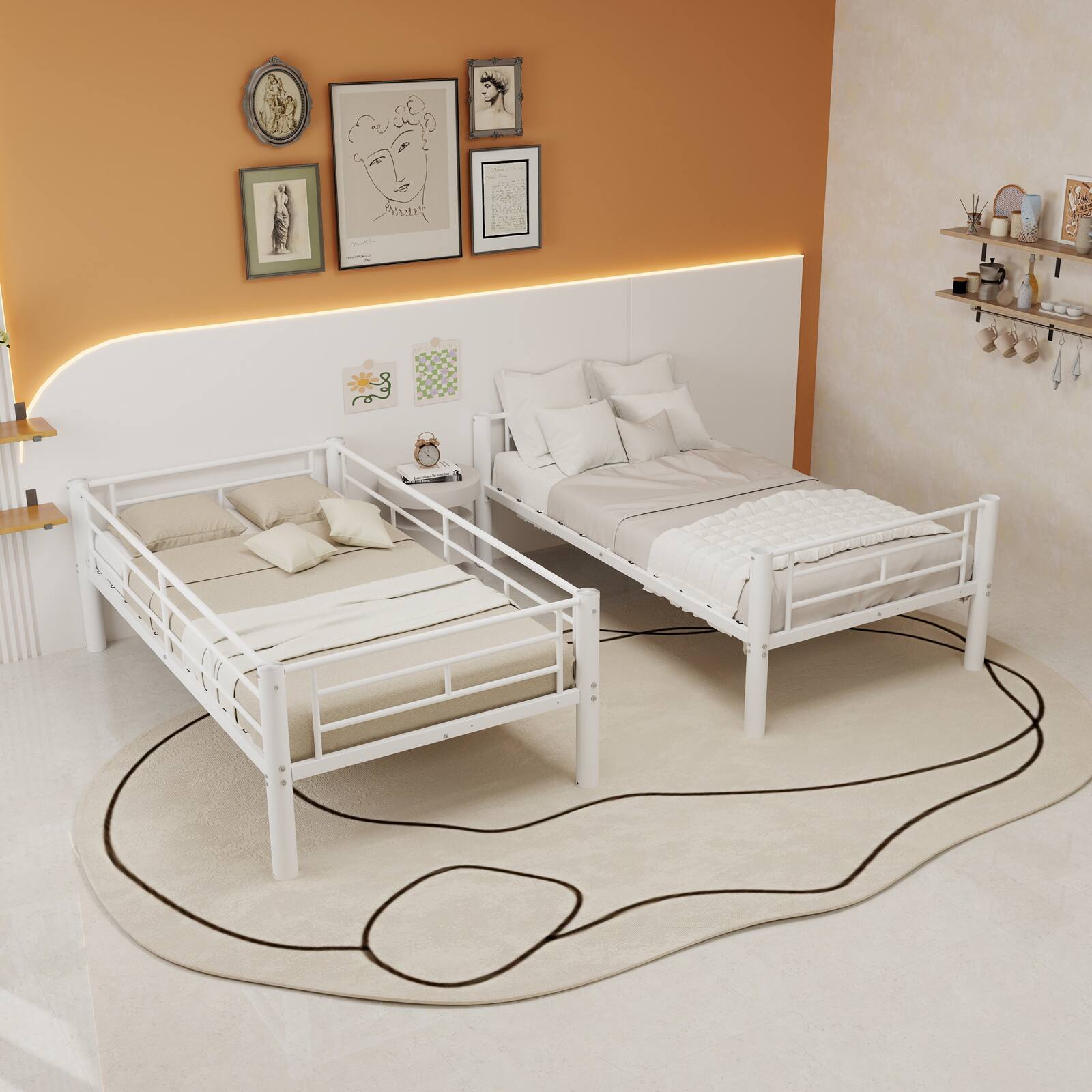 Back. Loheer - Loheer Twin Over Twin Metal Bunk Bed for Kids White Convertible Bed Frame with Ladder and Guardrail - White.