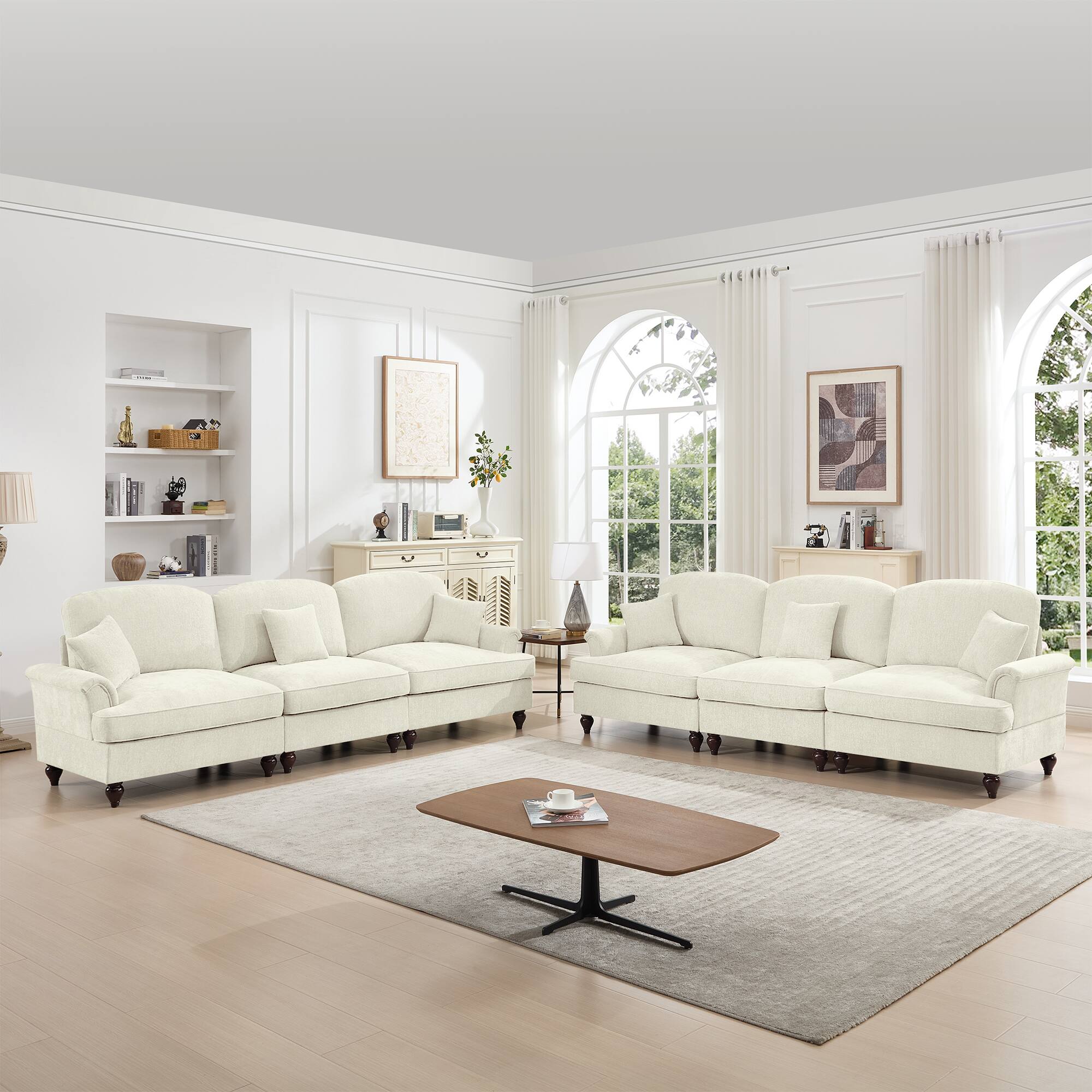 Angle. Anysun - Classic 2-Piece Chenille Sofa Set (3+3 Seat Sofa) - Flared Arms, Ruffled Skirt & Spindle Legs - Beige.