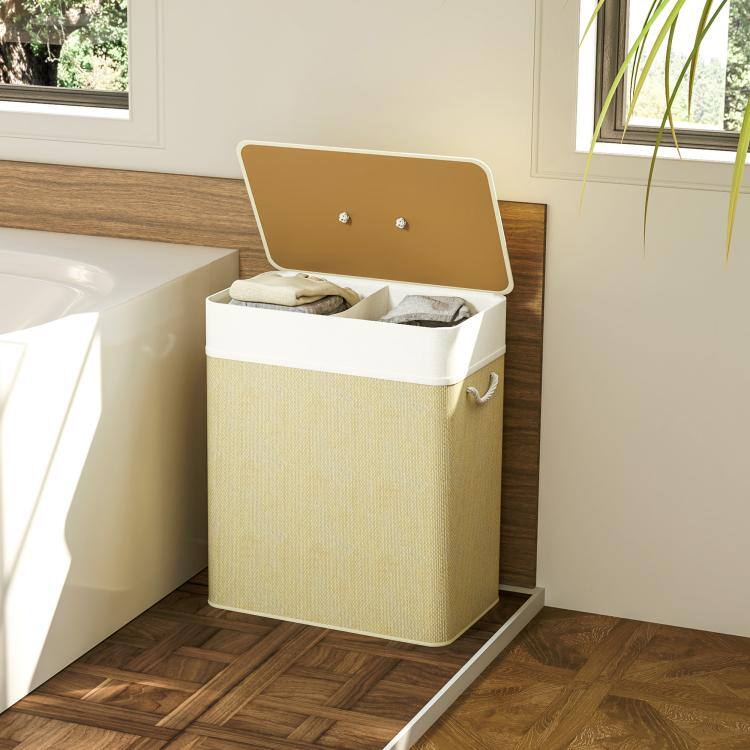 Alt View 7. PULUZ - Double Laundry Basket with Lid, 26.4 Gallon Bamboo Laundry Hamper with Rope Handles and Removable Liner - Natural.