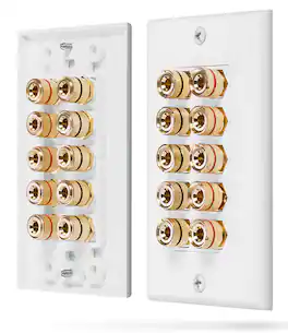 Fosmon - 1 Gang Wall Plate Cover, Gold Plated 5 Speaker Wall Plate Home Theater Copper Banana Binding Coupler for 5 Speakers - White