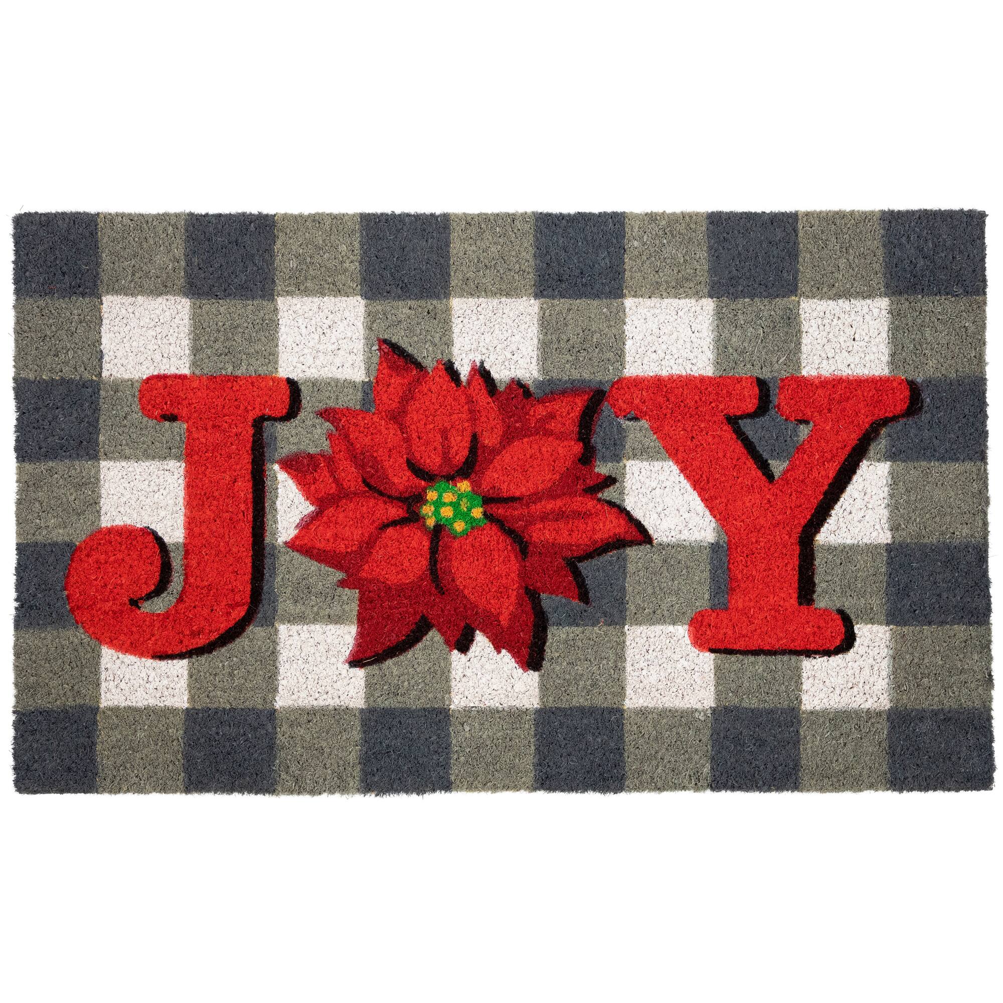 Front. Northlight - Gray and Red Poinsettia "Joy" Christmas Natural Coir Outdoor Doormat 18" x 30" - Gray.