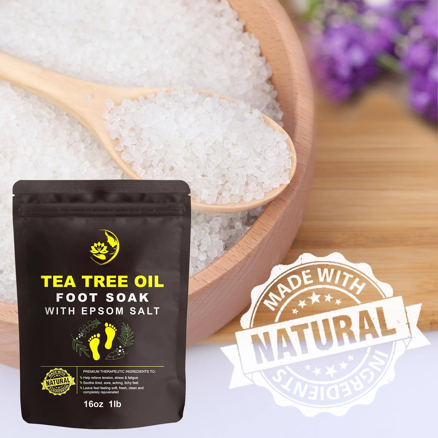 TEA TREE OIL FOOT SOAK WITH EPSOM SALT

PREMIUM THERAPEUTIC INGREDIENTS TO:
- Help relieve tension, stress & fatigue
- Leave feet feeling soft, fresh, clean and completely rejuvenated

16oz 1lb

MADE WITH NATURAL INGREDIENTS
