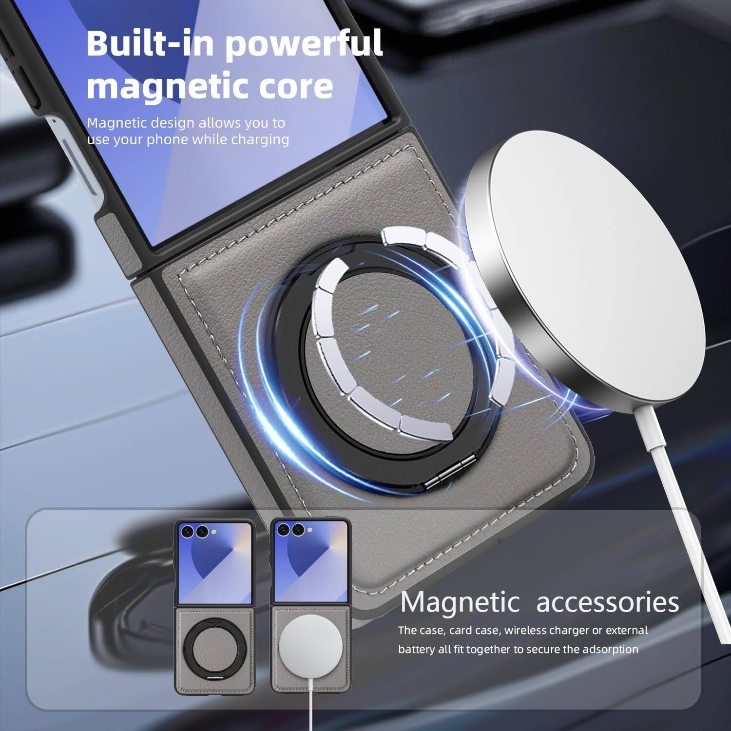 Built-in powerful magnetic core  
Magnetic design allows you to use your phone while charging  

Magnetic accessories  
The case, card case, wireless charger or external battery all fit together to secure the adsorption