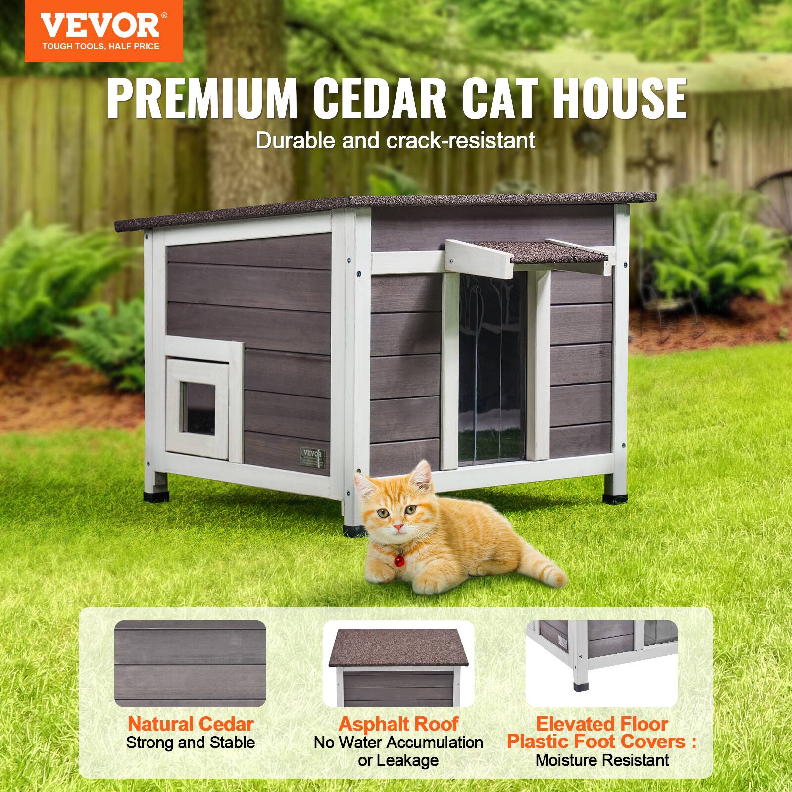 VEVOR TOUGH TOOLS, HALF PRICE PREMIUM CEDAR CAT HOUSE

- Durable and crack-resistant
- VEVOR Natural Cedar
- Strong and Stable
- Asphalt Roof
- Elevated Floor
- No Water Accumulation
- Plastic Foot Covers
- Moisture Resistant