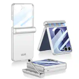 Dteck - For Samsung Galaxy Z Flip8 Rugged Case with Stylus Pen,Built-in Screen Protector Magnetic Hinge Protection Cover - Silver