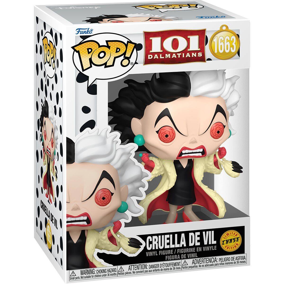 Sure, here is the corrected and grouped text from the image:

---

**Funko POP!**

**101 Dalmatians**

**1663**

**CRUELLE DE VIL**

**VINYL FIGURE / FIGURINE EN VINYLE / FIGURA DE VINIL**

**LIMITED EDITION / EDITION LIMITÉE / EDICIÓN LIMITADA**

**WARNING: CHOKING HAZARD - Small parts. Not suitable for children under 36 months.**

**ADVERTENCIA: PELOJO DE ASFIXIA. D'TOUFFEMENT. ADVERTENCIA: PELOJO DE ASFIXIA.**

**ATTENTION: CHOKING HAZARD - Petites pièces. Ne convient pas aux enfants de moins de 36 mois.**

**DANGER: PELOJO DE ASFIXIA.**

---

This text is from the packaging of the Funko Pop! vinyl figure of Cruella de Vil from "101 Dalmatians."