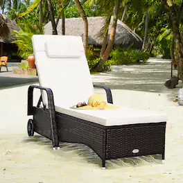 Gymax - Cushioned Outdoor Wicker Chaise Lounge Chair w/ Wheel Adjustable Backrest - Brown
