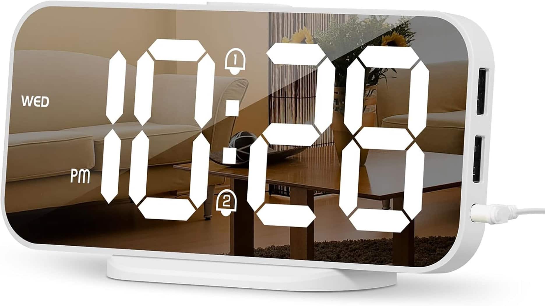 FINEAK - Mirror Digital Alarm Clock Adjustable Brightness, 2 USB Ports - White
